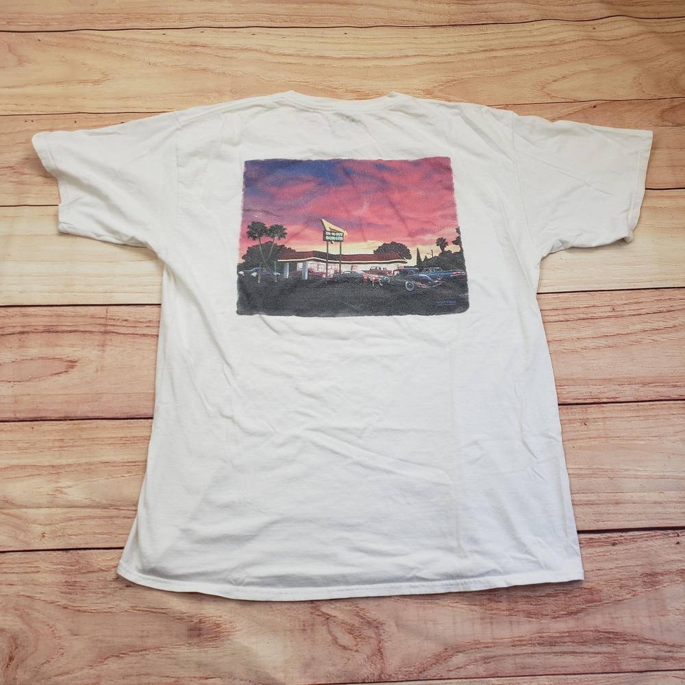 In-N-Out Burger Shirt Mens Large White California Mike Rider Sunset Cars Graphic